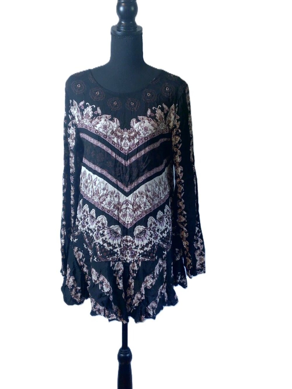 Free People Boho Printed Mini Dress Tunic Top / Open Back Cutout Dress (Runs L–X